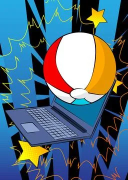 Cartoon Laptop, comic book Notebook with Beach Ball. Retro vector comics po.. Stock Illustration