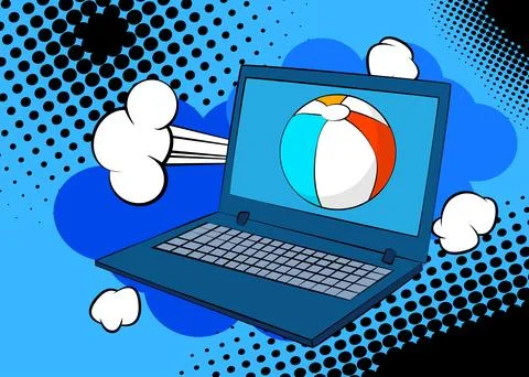Cartoon Laptop, comic book Notebook with Beach Ball. Retro vector comics po.. Stock Illustration