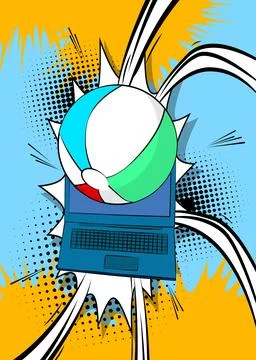 Cartoon Laptop, comic book Notebook with Beach Ball. Retro vector comics po.. Stock Illustration