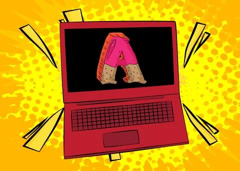 Cartoon Laptop, comic book Notebook with Letter A. Retro vector comics pop .. Stock Illustration