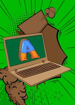 Cartoon Laptop, comic book Notebook with Letter A. Retro vector comics pop .. Stock Illustration