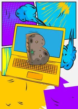Cartoon Laptop, comic book Notebook with Letter B. Retro vector comics pop .. Stock Illustration