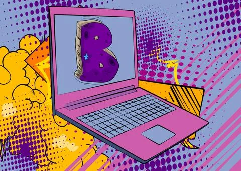 Cartoon Laptop, comic book Notebook with Letter B. Retro vector comics pop .. Stock Illustration