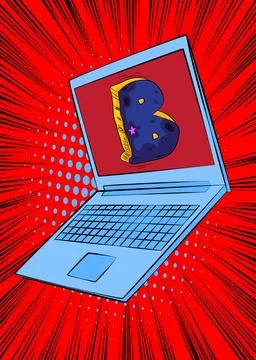 Cartoon Laptop, comic book Notebook with Letter B. Retro vector comics pop .. Stock Illustration