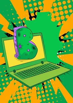 Cartoon Laptop, comic book Notebook with Letter B. Retro vector comics pop .. Stock Illustration