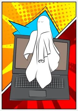 Cartoon Laptop, comic book Notebook with Ghost. Retro vector comics pop art.. Stock-Illustration