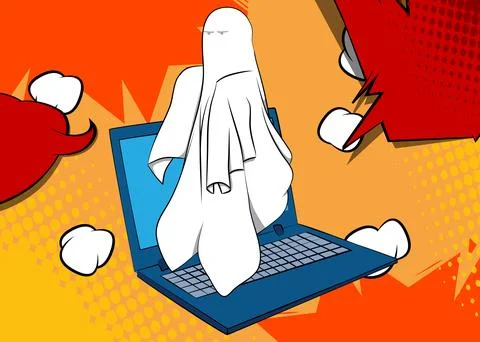 Cartoon Laptop, comic book Notebook with Ghost. Retro vector comics pop art.. Stock-Illustration