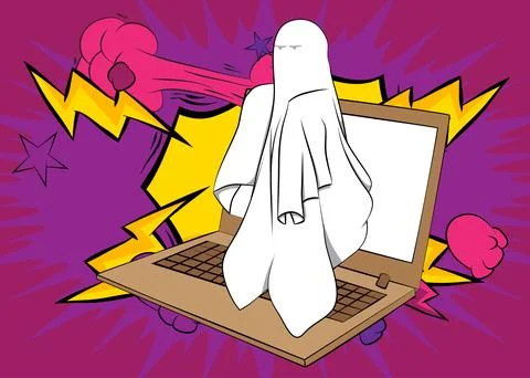 Cartoon Laptop, comic book Notebook with Ghost. Retro vector comics pop art.. Stock-Illustration