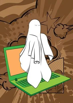 Cartoon Laptop, comic book Notebook with Ghost. Retro vector comics pop art.. Stock-Illustration