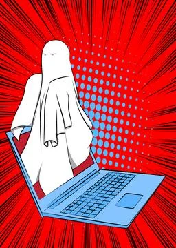Cartoon Laptop, comic book Notebook with Ghost. Retro vector comics pop art.. Stock-Illustration