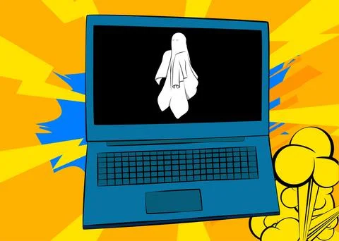 Cartoon Laptop, comic book Notebook with Ghost. Retro vector comics pop art.. Stock-Illustration