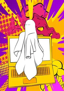 Cartoon Laptop, comic book Notebook with Ghost. Retro vector comics pop art.. Stock-Illustration