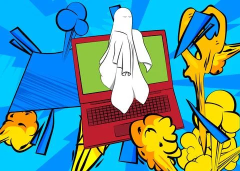 Cartoon Laptop, comic book Notebook with Ghost. Retro vector comics pop art.. Stock-Illustration