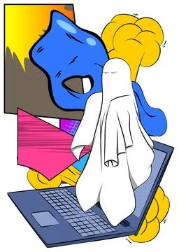 Cartoon Laptop, comic book Notebook with Ghost. Retro vector comics pop art.. Stock Illustration