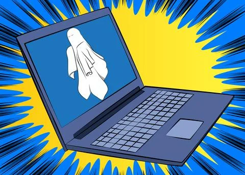 Cartoon Laptop, comic book Notebook with Ghost. Retro vector comics pop art.. 스톡 일러스트