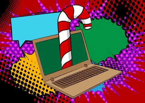 Cartoon Laptop, comic book Notebook with Candy cane. Retro vector comics po.. Stock Illustration