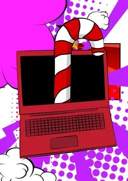 Cartoon Laptop, comic book Notebook with Candy cane. Retro vector comics po.. Stock Illustration