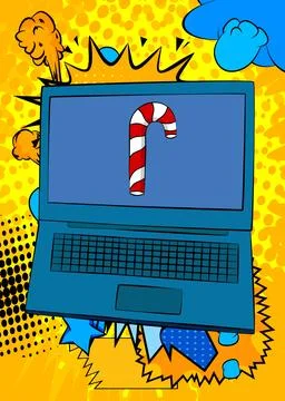 Cartoon Laptop, comic book Notebook with Candy cane. Retro vector comics po.. Stock Illustration
