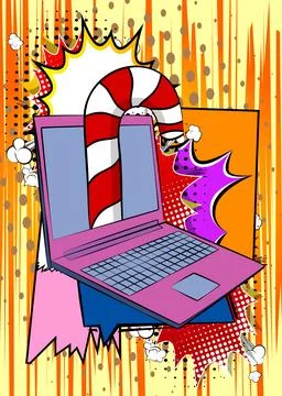 Cartoon Laptop, comic book Notebook with Candy cane. Retro vector comics po.. Stock-Illustration