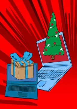 Cartoon Laptop, comic book Notebook with Gift Box and Christmas decorated p.. Illustrazione stock