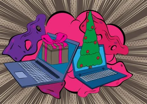 Cartoon Laptop, comic book Notebook with Gift Box and Christmas decorated p.. Illustrazione stock