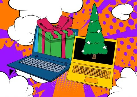 Cartoon Laptop, comic book Notebook with Gift Box and Christmas decorated p.. Illustrazione stock