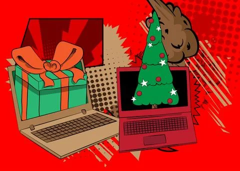Cartoon Laptop, comic book Notebook with Gift Box and Christmas decorated p.. Stock Illustration
