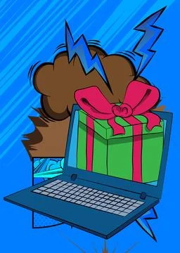 Cartoon Laptop, comic book Notebook with Gift Box Retro vector comics pop a.. Stock Illustration