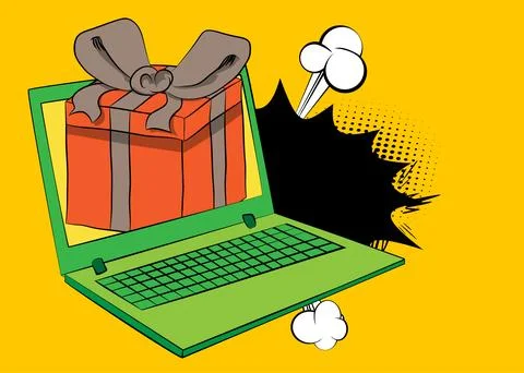Cartoon Laptop, comic book Notebook with Gift Box Retro vector comics pop a.. Stock-Illustration