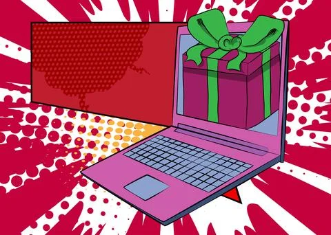 Cartoon Laptop, comic book Notebook with Gift Box Retro vector comics pop a.. Stock-Illustration