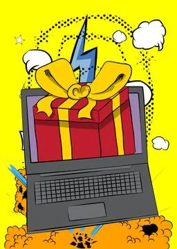 Cartoon Laptop, comic book Notebook with Gift Box Retro vector comics pop a.. Stock-Illustration