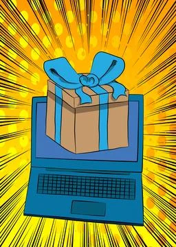 Cartoon Laptop, comic book Notebook with Gift Box Retro vector comics pop a.. Stock-Illustration