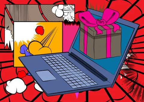Cartoon Laptop, comic book Notebook with Gift Box Retro vector comics pop a.. Stock-Illustration