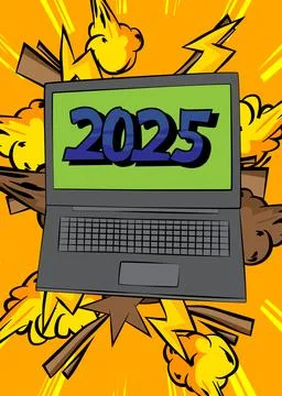Cartoon Laptop, comic book Notebook with 2025. Retro vector comics pop art .. Stock Illustration