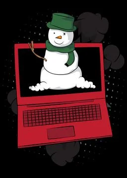 Cartoon Laptop, comic book Notebook with Snowman. Retro vector comics pop a.. Illustrazione stock