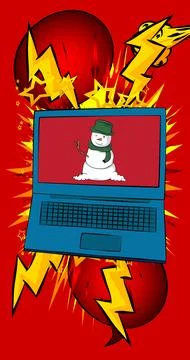 Cartoon Laptop, comic book Notebook with Snowman. Retro vector comics pop a.. Stock Illustration