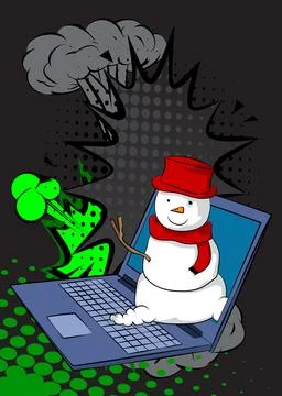 Cartoon Laptop, comic book Notebook with Snowman. Retro vector comics pop a.. Stock Illustration