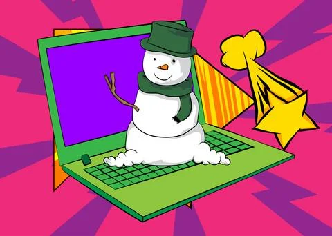 Cartoon Laptop, comic book Notebook with Snowman. Retro vector comics pop a.. Illustrazione stock