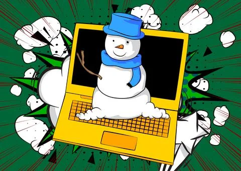 Cartoon Laptop, comic book Notebook with Snowman. Retro vector comics pop a.. Stock Illustration