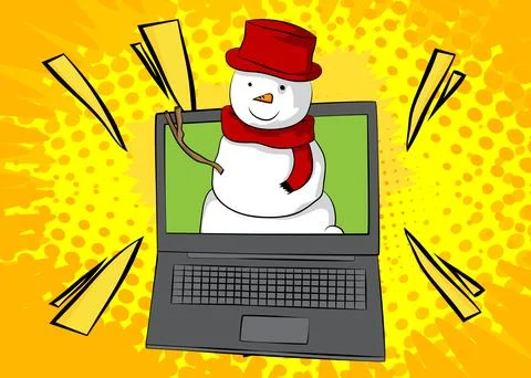 Cartoon Laptop, comic book Notebook with Snowman. Retro vector comics pop a.. Illustrazione stock