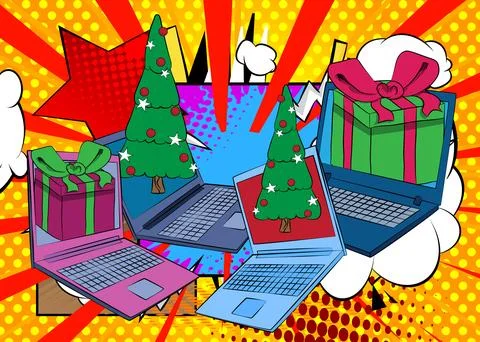 Cartoon Laptop, comic book Notebook with Gift Box and Christmas decorated p.. Stock Illustration