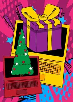 Cartoon Laptop, comic book Notebook with Gift Box and Christmas decorated p.. Stock Illustration