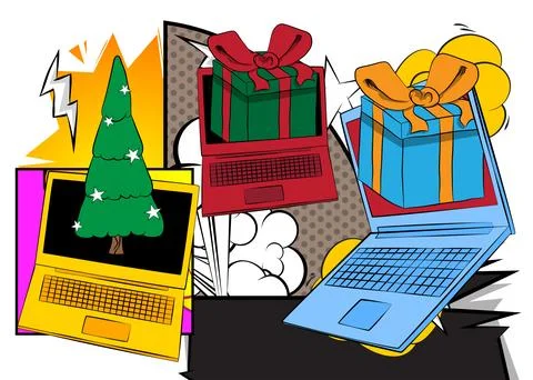 Cartoon Laptop, comic book Notebook with Gift Box and Christmas decorated p.. 스톡 일러스트