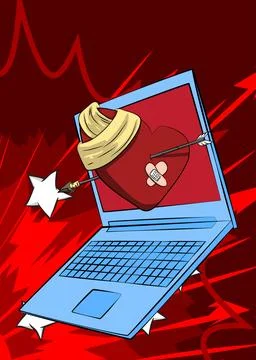 Cartoon Laptop, comic book Notebook with Broken Heart. Retro vector comics .. Stock-Illustration