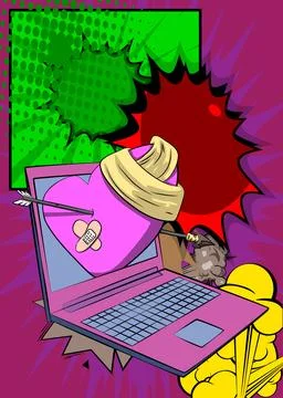 Cartoon Laptop, comic book Notebook with Broken Heart. Retro vector comics .. Stock Illustration