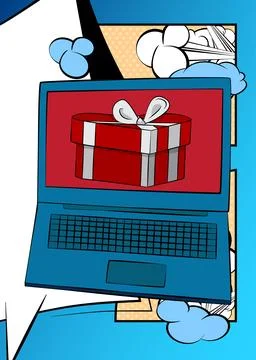 Cartoon Laptop, comic book Notebook with Valentine day gift box. Retro vect.. Stock Illustration