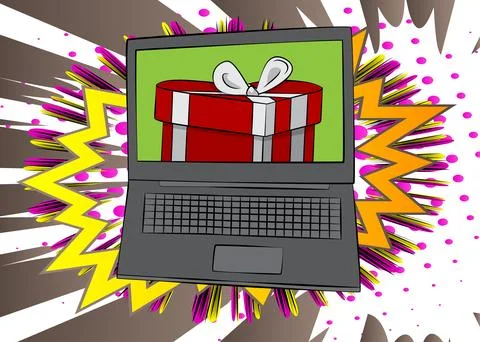 Cartoon Laptop, comic book Notebook with Valentine day gift box. Retro vect.. 스톡 일러스트