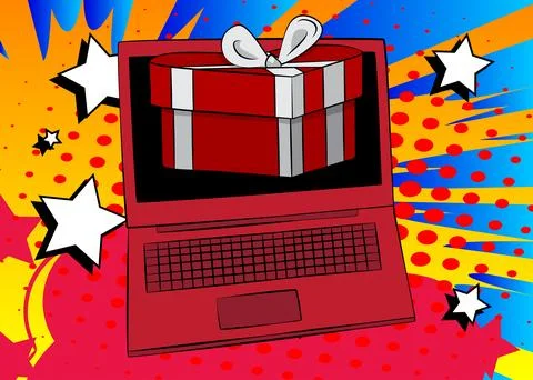 Cartoon Laptop, comic book Notebook with Valentine day gift box. Retro vect.. Stock Illustration