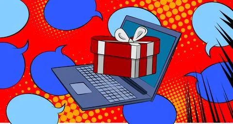 Cartoon Laptop, comic book Notebook with Valentine day gift box. Retro vect.. Stock Illustration