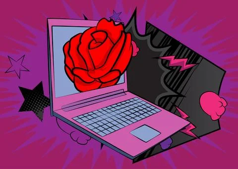 Cartoon Laptop, comic book Notebook with Red Rose. Retro vector comics pop .. 스톡 일러스트